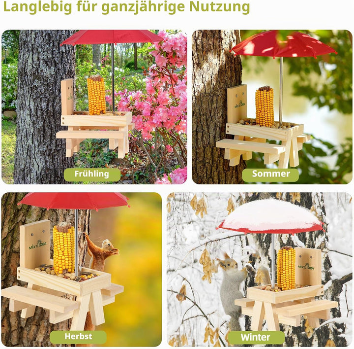 MIXXIDEA Eichhörnchen-Futterstation mit Regenschirm,hölzerner Eichhörnchen-Picknick-Tisch Futterspen