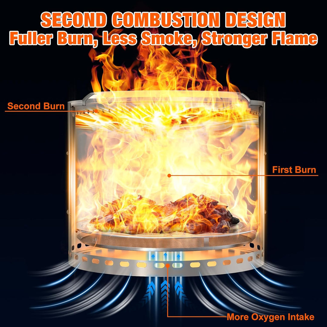 Onlyfire Rauchfreie Feuerstelle aus Edelstahl, 50cm Feuerschale mit Abnehmbarer Aschekasten, Aufbewa