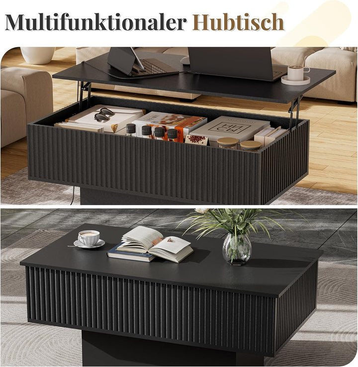 38,2" Lift-Top-Couchtisch mit Stauraum und LED-Beleuchtung, Moderner geriffelter Massivholz-Couchtis