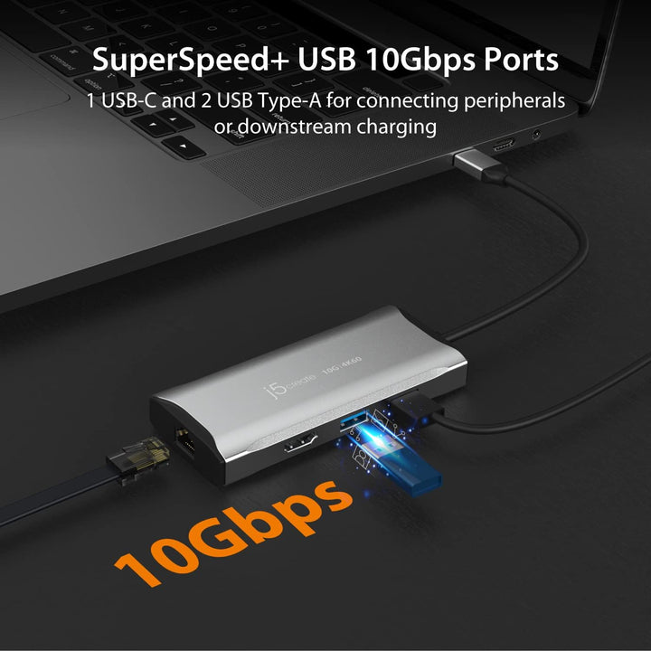 j5create USB C Hub - 4K 60Hz HDMI, 2 USB-A 10Gbps, USB-C 10Gbps mit PD 100W, Ethernet, | Multiport A