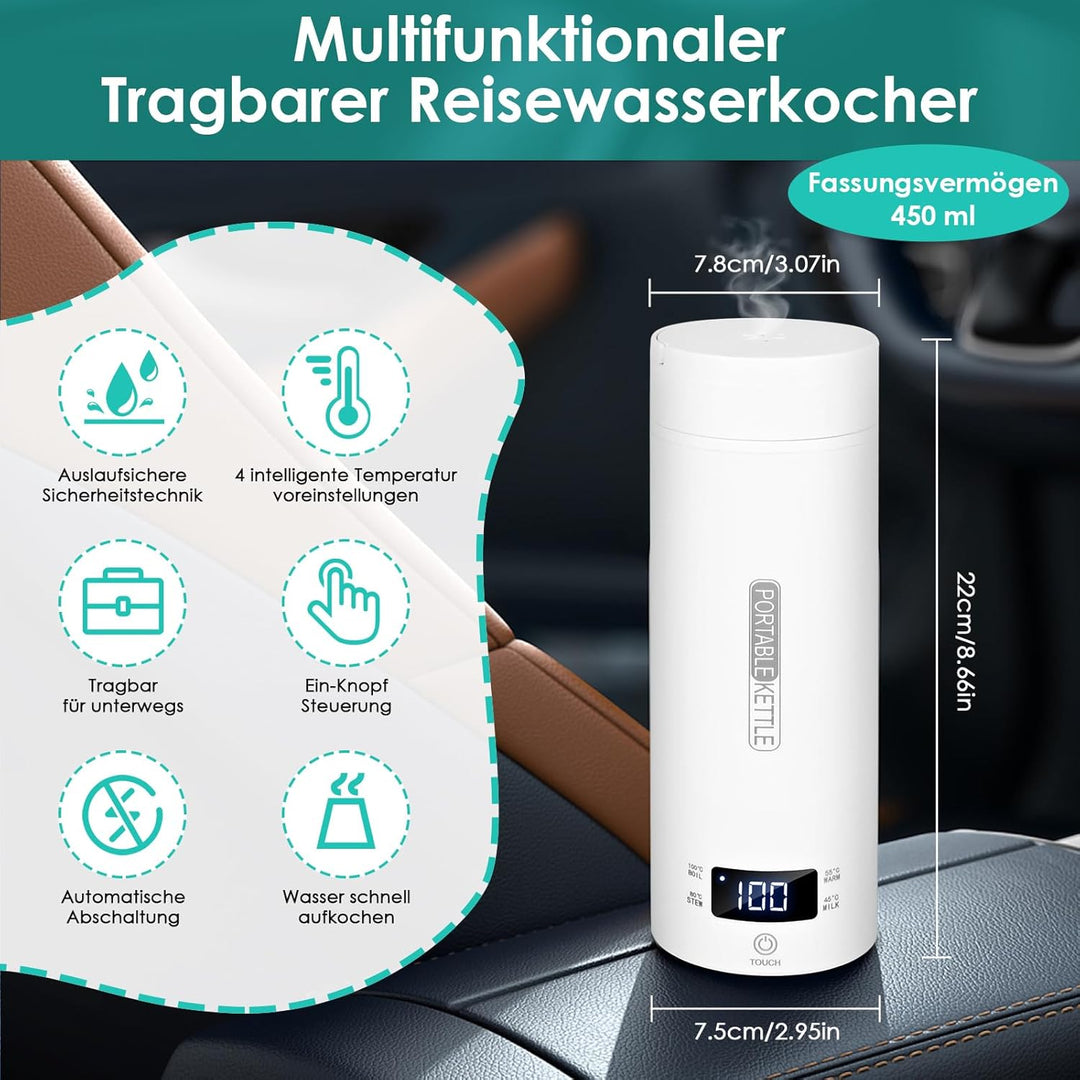 Dreamhigh® Reisewasserkocher, 500ml Mini Wasserkocher, 96W Wasserkocher Klein aus Edelstahl, Auto Wa