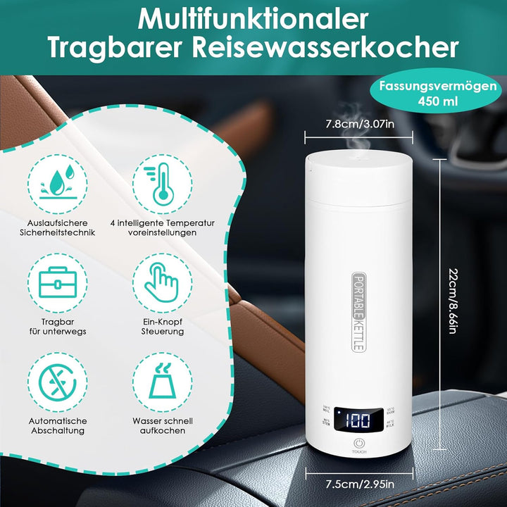 Dreamhigh® Reisewasserkocher, 500ml Mini Wasserkocher, 96W Wasserkocher Klein aus Edelstahl, Auto Wa
