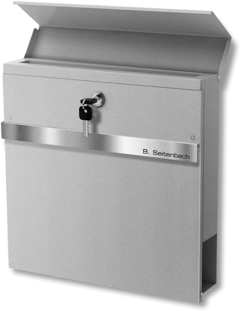 Metzler Briefkasten mit Zeitungsfach Grau - Personalisiert mit Edelstahl V2A Namensschild - Pulverbe