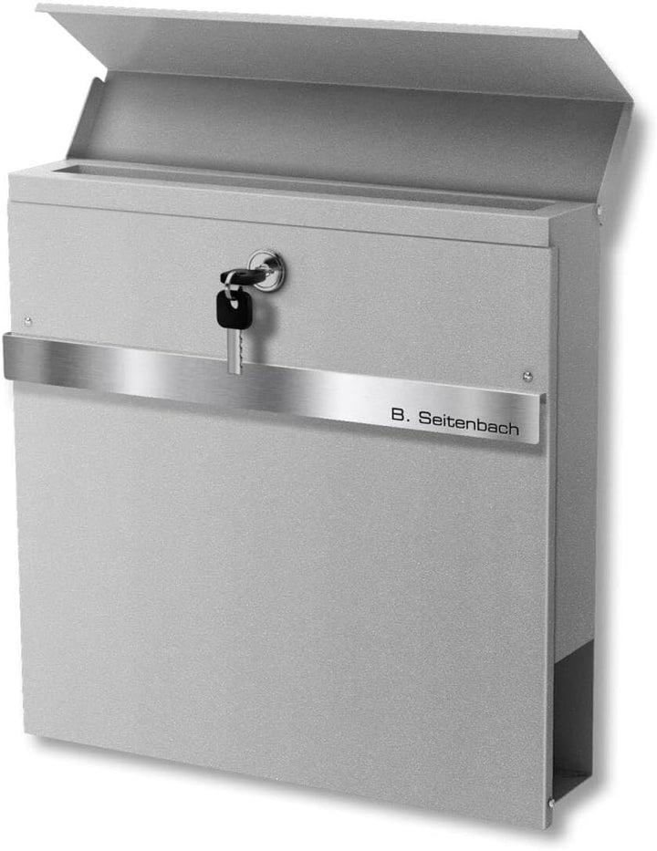 Metzler Briefkasten mit Zeitungsfach Grau - Personalisiert mit Edelstahl V2A Namensschild - Pulverbe