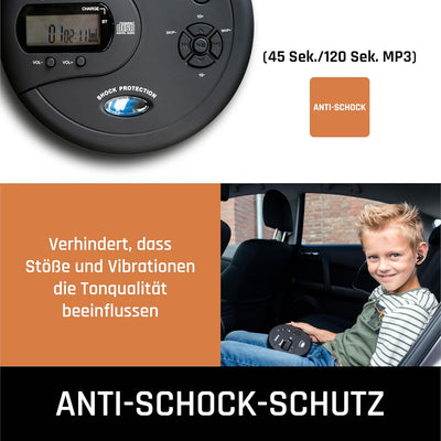 Lenco CD-300 - Tragbarer CD-Player Walkman - Bluetooth Diskman - CD Walkman - MP3 Funktion - Antisho