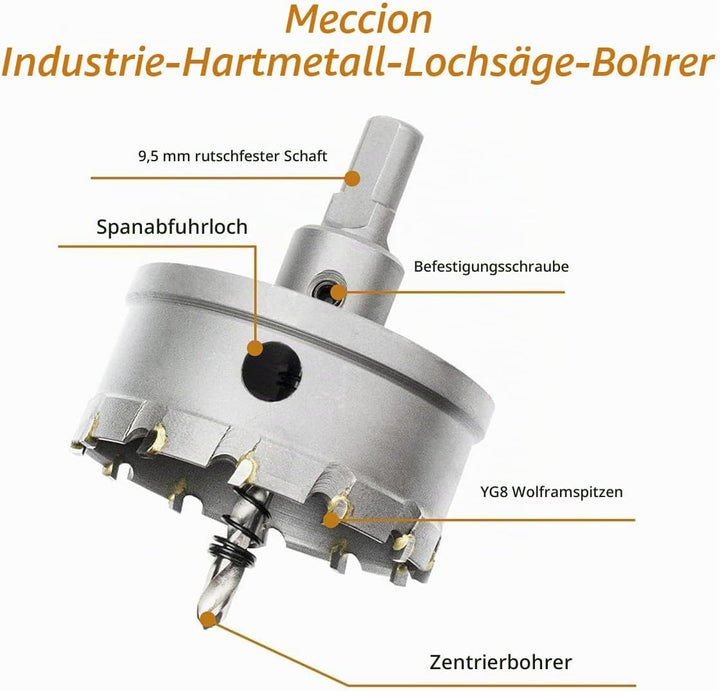 Meccion Lochsäge Hartmetall-Bohrer, Hochwertiger TCT Metall Lochsäge Bohrer für Edelstahl, Eisen, Le