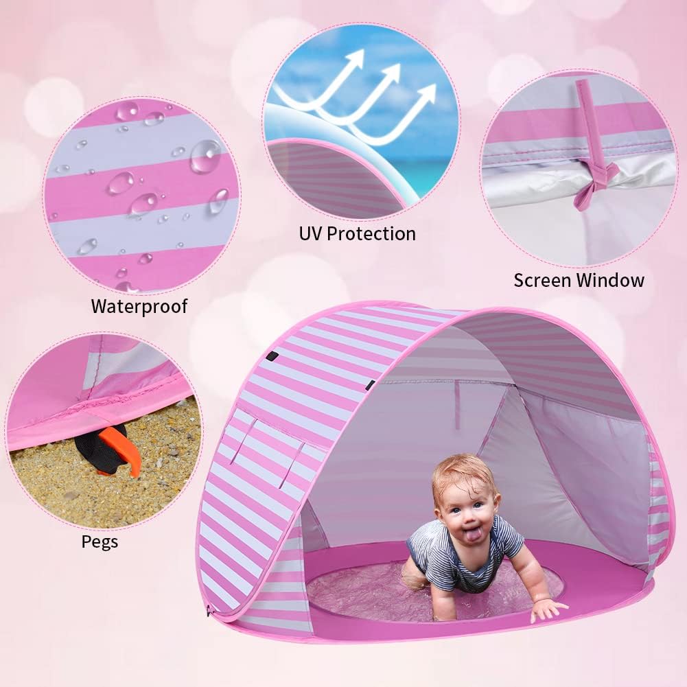 Baby Strandmuschel Pop Up Sonnenschutz Strand mit Minipool, Strandzelt UV Schutz, Atmungsaktiv Porta