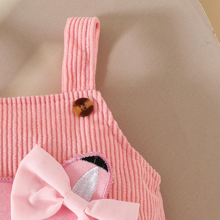 Baby Outfits für Mädchen mit Herz Print kurzärmelig Strampler Hosenträgerrock Bären Kleid Schleife S