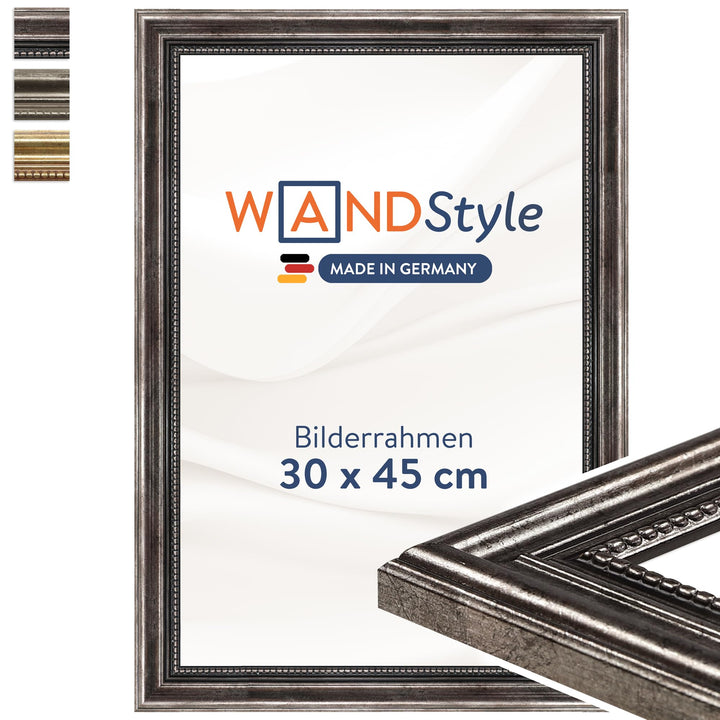 WANDStyle Bilderrahmen Antik 30x45cm I Farbe: Metall I Holzbilderrahmen I Fotorahmen I Barock Bilder