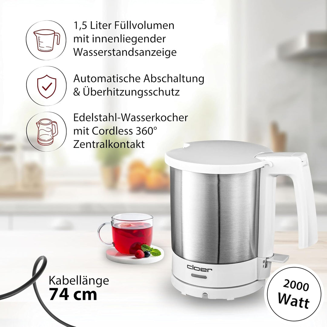 Cloer 4701 Wasserkocher, 2000 W, Trockengeh- und Überhitzungsschutz, innen liegende Füllmengenmarkie