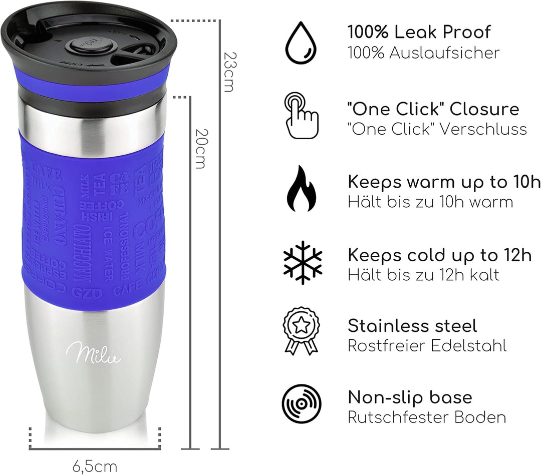 Milu Thermobecher 370ml 450ml Isolierbecher Kaffeebecher to go - 100% Auslaufsicher - Trinkbecher au