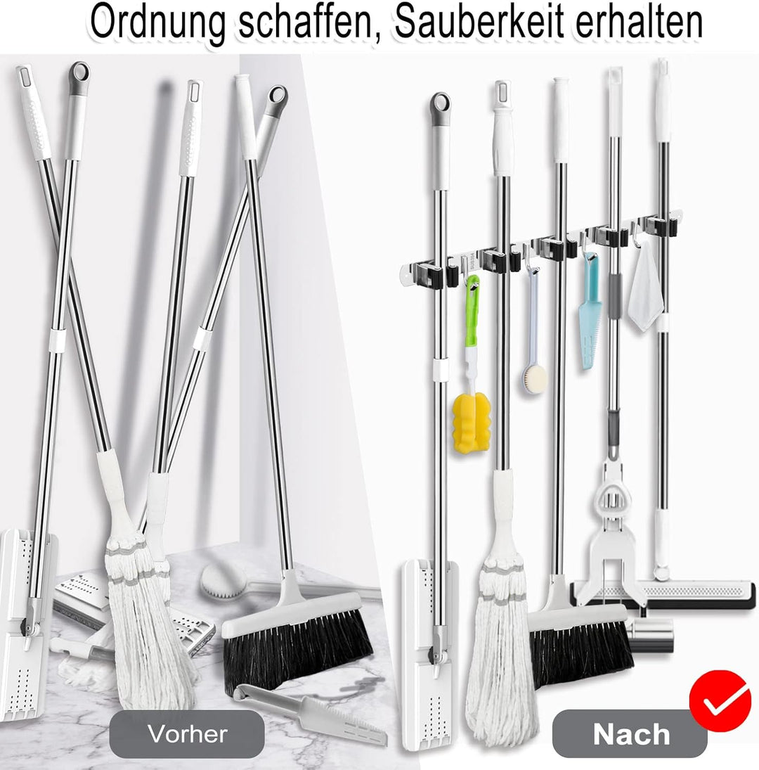 Besenhalterung Wand, 5 Halter + 4 Haken Schwerlast Gerätehalter Selbstklebend, Besenhalter mit Nails