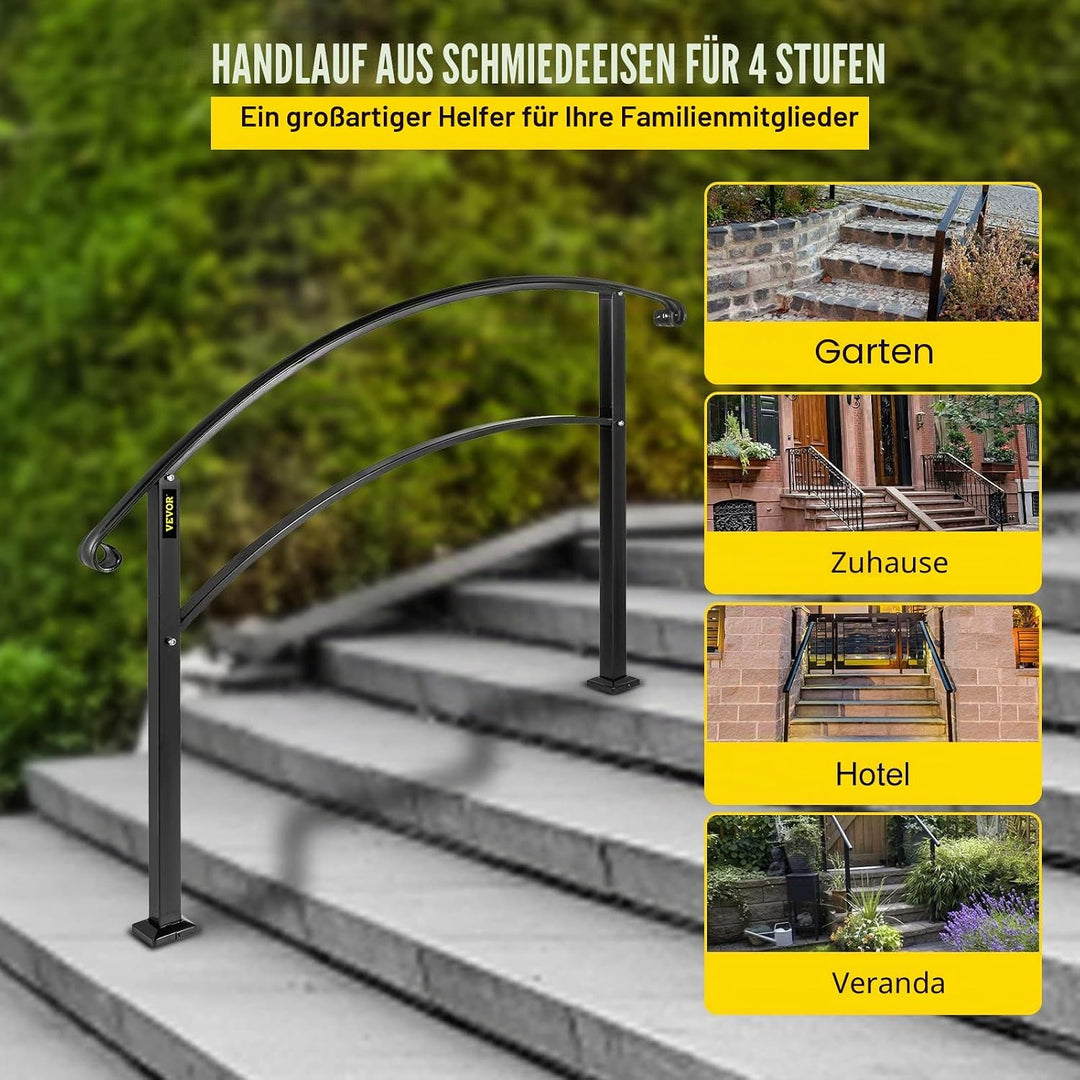 Happybuy 4-stufiger verstellbarer Handlauf passt 1 oder 4 Stufen Mattschwarze Treppenschiene schmied