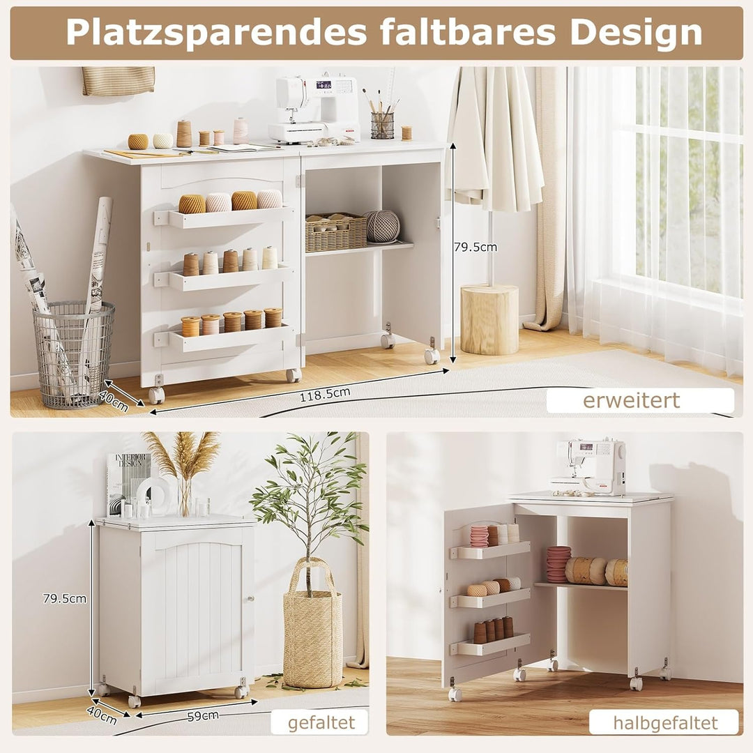 GIANTEX Nähtisch klappbar, Nähmaschinentisch auf Rollen, Nähtisch für Nähmaschine, Nähschrank Holz,