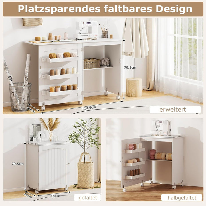 GIANTEX Nähtisch klappbar, Nähmaschinentisch auf Rollen, Nähtisch für Nähmaschine, Nähschrank Holz,
