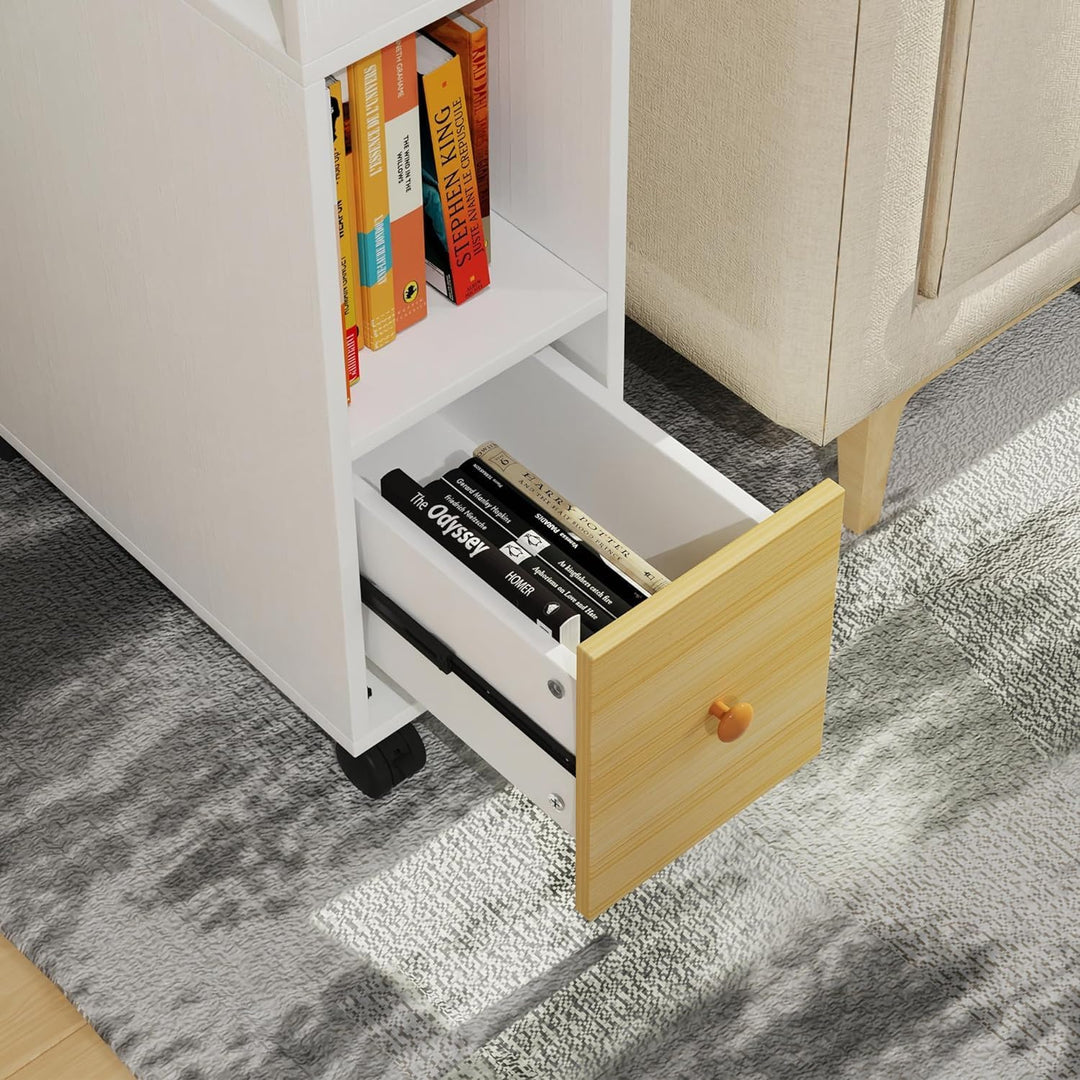 PIPIPOXER Nachttisch schmal mit Rollen, kleiner Nachttisch, Eichenfarben, mit 1 Schublade, USB-Ansch