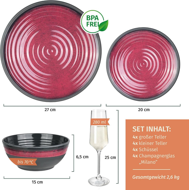 Melamin Camping Geschirr Set 4 Personen Stone Red + 4 Milano Champgner Gläser Flûtes Tafelgeschirr P