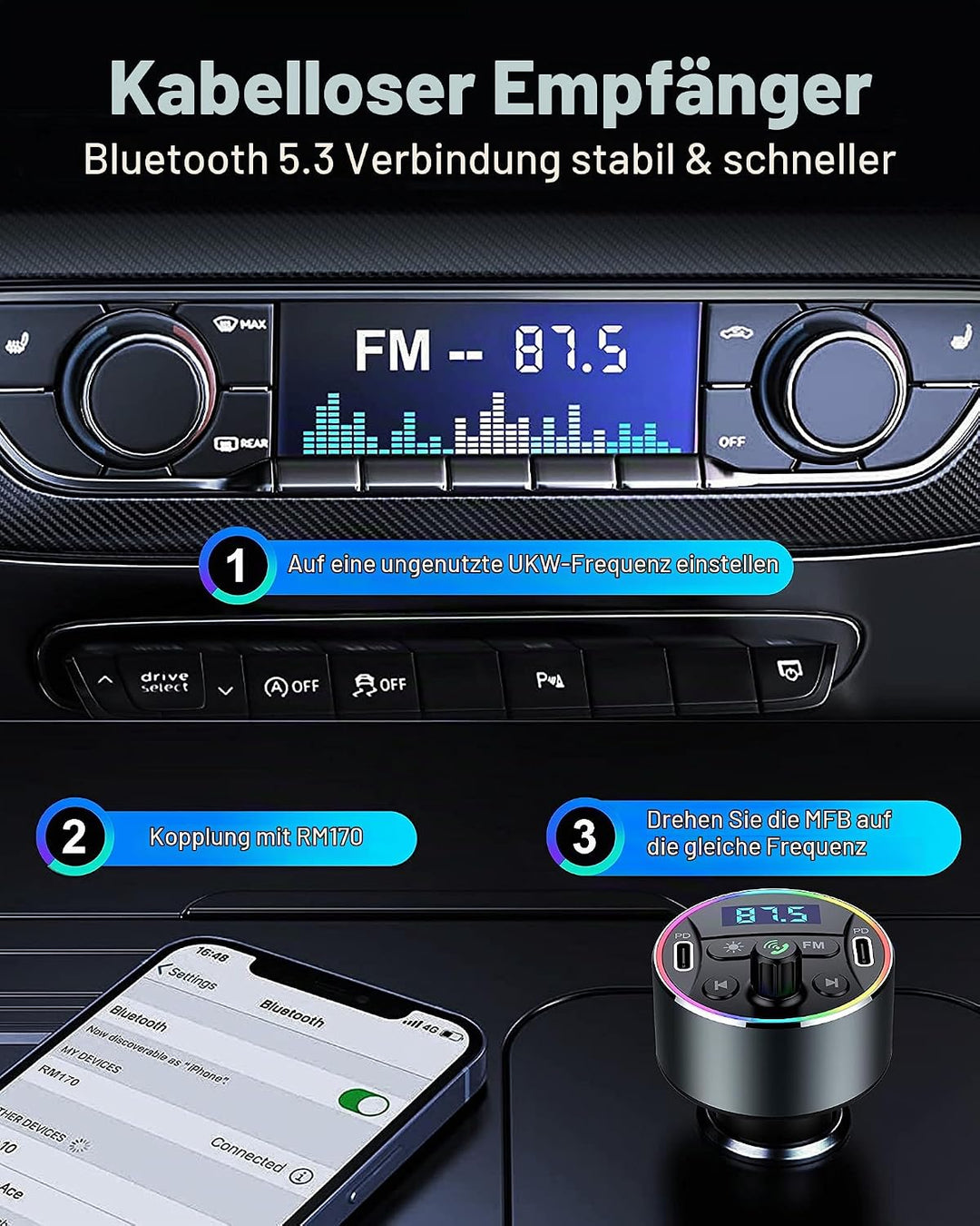 Bluetooth Adapter Auto 5.3 FM Transmitter für Freisprechanrufe mit PD 20W Zigarettenanzünder Bluetoo