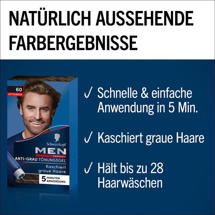 Schwarzkopf Men Perfect Anti-Grau Tönungs-Gel 60 Mittelbraun (3x 80 ml), Haarfarbe für Männer blende
