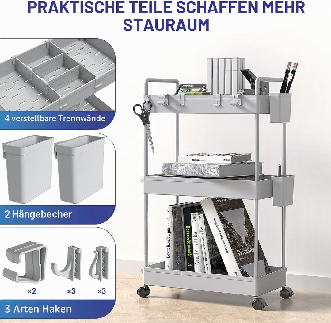Ronlap Rollwagen Küchewagen mit 3 Ebenen, Servierwagen mit Aufhängebecher, Separator, Haken, Regal a