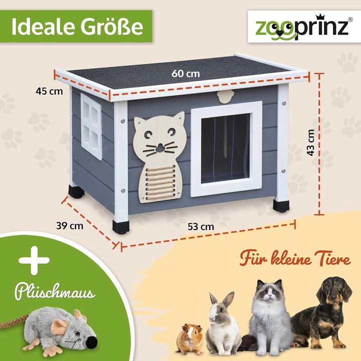 zooprinz Premium Holz Katzenhaus – Katzenkiste mit Dach zum Öffnen, Fenster und Schwingtür – Sisalba