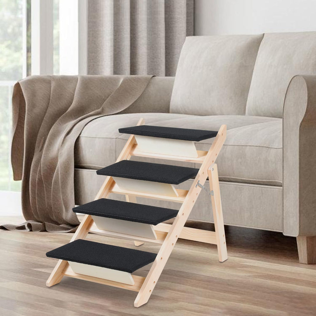 Hundetreppe 4 Stufen,2-in-1 Klappbare Hunderampe aus Holz,rutschfest mit Geringer Neigung,Haustiertr