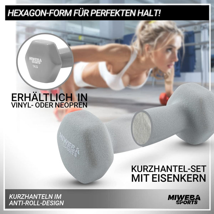 Miweba Sports Hanteln Set Neopren & Vinyl NKH120 - Kurzhantel Set 2 x 1 kg | 2 x 2 kg | 2 x 3 kg | 𝐏