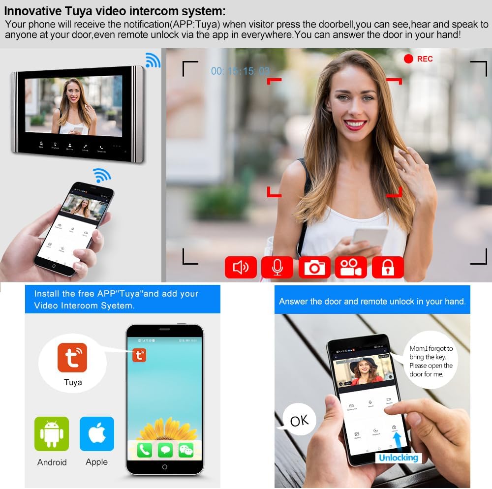 FTes RFKits WLAN Wireless Video Türsprechanlage,1080P Aussenkamera,7 Zoll Touchscreen Wireless Monit