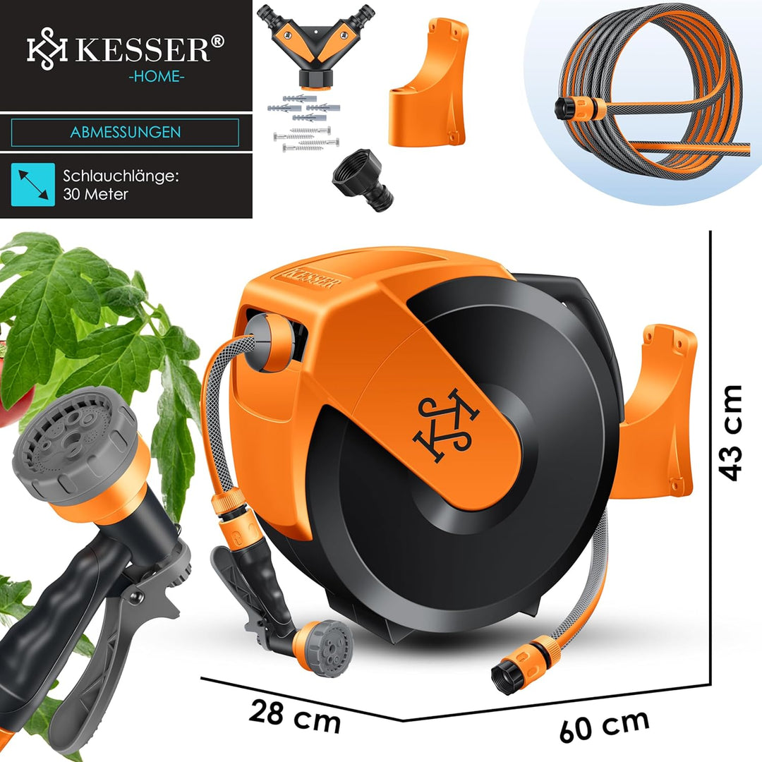 KESSER® Schlauchtrommel mit Gartenschlauch 30m | Wasserschlauchtrommel zur Wandmontage | Wandhalteru