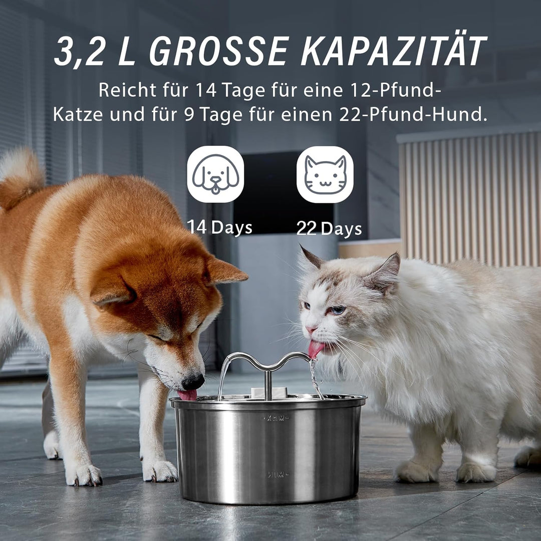 DOOOB Katzentrinkbrunnen, 3,2L Katzen Trinkbrunnen, Katzenbrunnen Edelstahl mit Ultra-Leiser Pumpe,