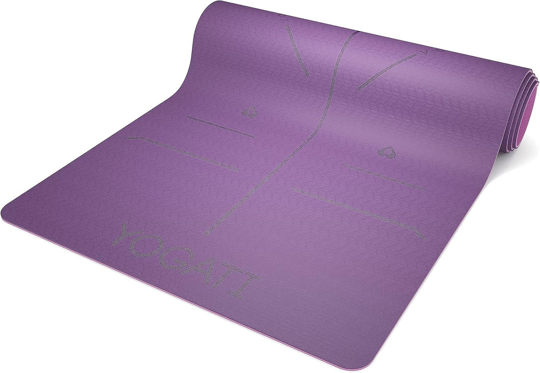 YOGATI Yogamatte rutschfest Schadstofffrei, mit Tragegurt. Yoga Matte mit Ausrichtungslinien. Ideal
