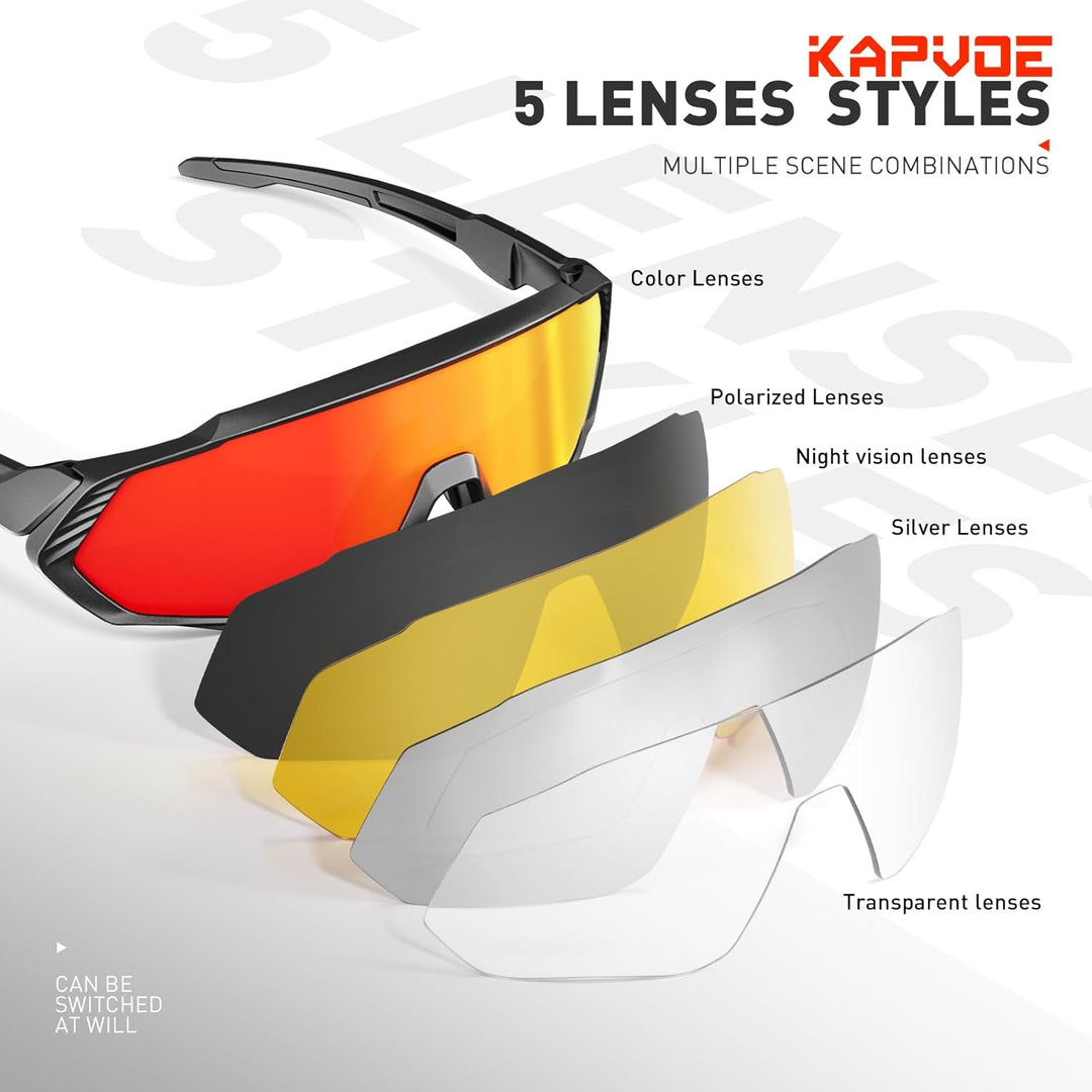 KAPVOE Polarisiert Fahrradbrille mit 1 Linse oder 5 austauschbare Linse TR90 Rahmen für Herren Damen