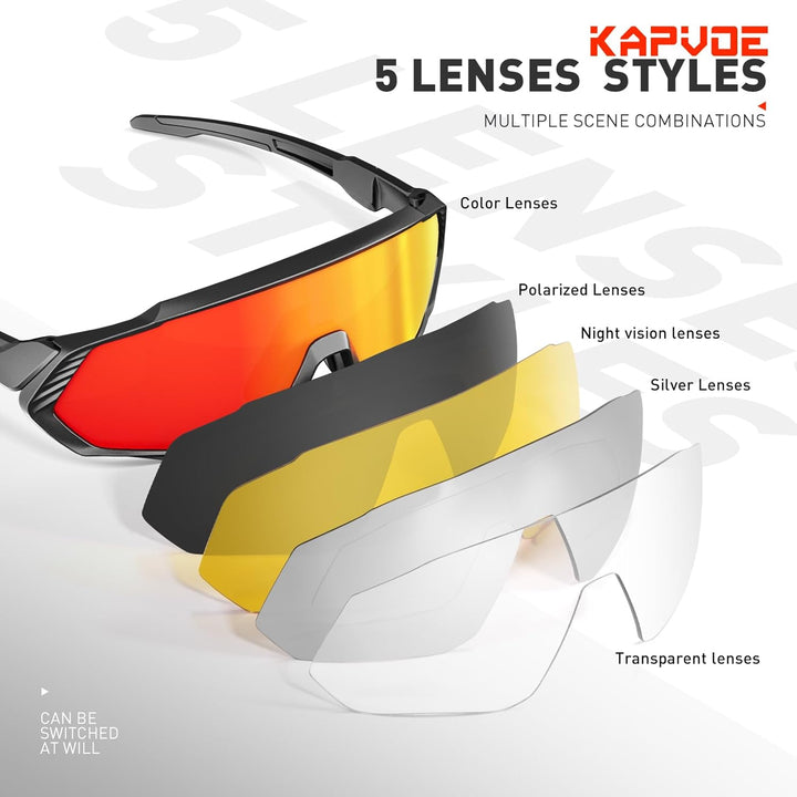 KAPVOE Polarisiert Fahrradbrille mit 1 Linse oder 5 austauschbare Linse TR90 Rahmen für Herren Damen