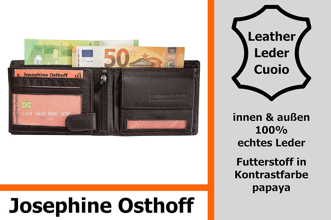 Josephine Osthoff Geldbörse Herren klassisch Querformat, Tri-Fold, Münzfach, Kartenfächer mit RFID,