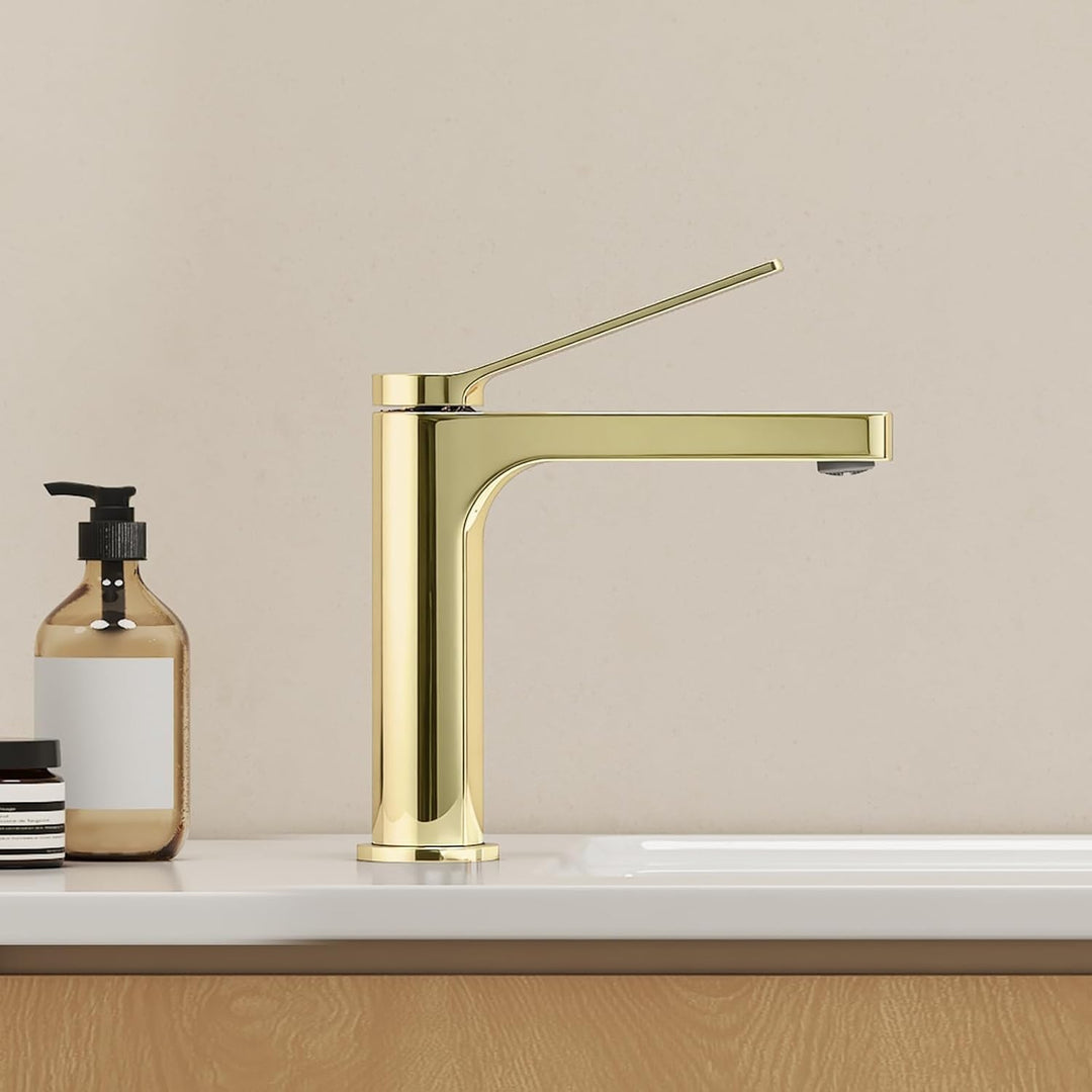 EMKE Wasserhahn Bad Champagnergold, waschtischarmatur, 4MS Messing, Wasserhahn Bad mit Auslauf Höhe