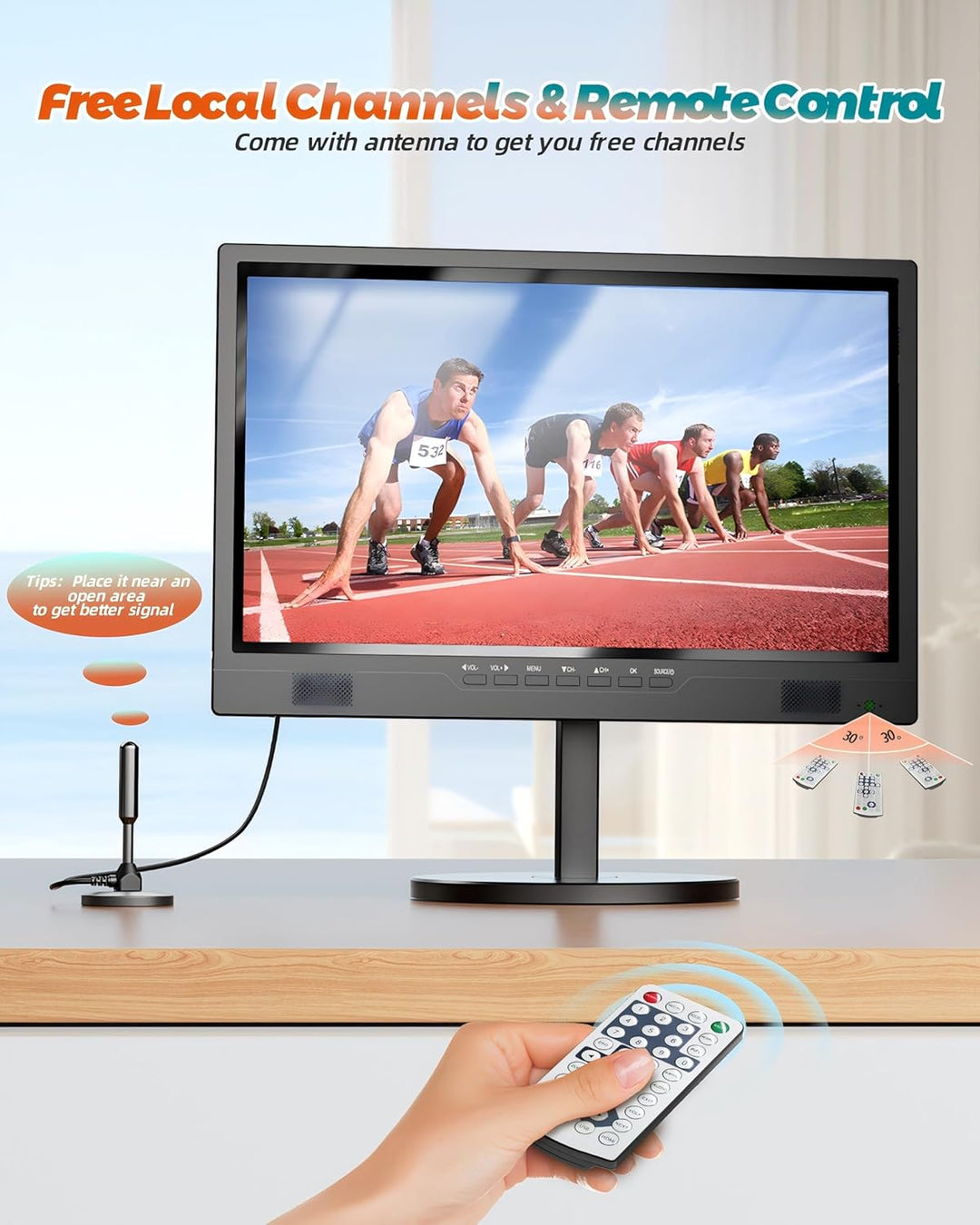 DESOBRY 19-Zoll Fernseher mit Batterie, 1080p Tragbarer Kleiner Fernseher DVB-T2 mit Antenne, 12V TV