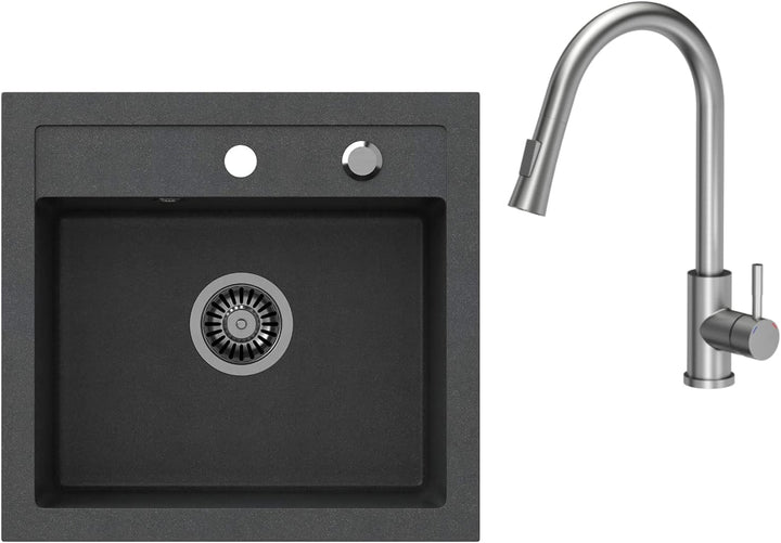 VBChome Spülbecken mit Armatur 50 x 47 cm Schwarz Granit Spüle Einzelbecken Küche Einbauspüle Verbun