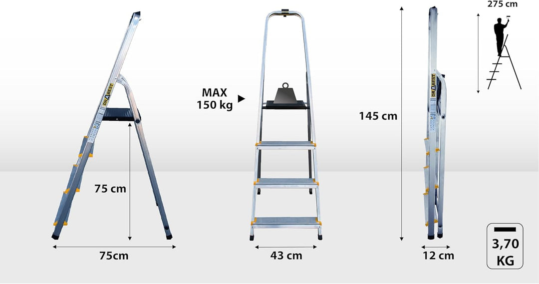 Drabest - PRO Haushaltsleiter - Stehleiter - 4 Stufen - Arbeitshöhe 2,75m - Klappleiter aus Aluminiu