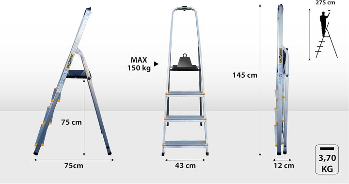 Drabest - PRO Haushaltsleiter - Stehleiter - 4 Stufen - Arbeitshöhe 2,75m - Klappleiter aus Aluminiu