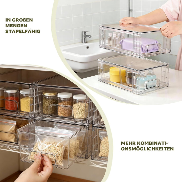 4er-Set Mittelgrosse Stapelbare Aufbewahrungsschubladen – Transparente Acryl-Organizer mit Griffen,