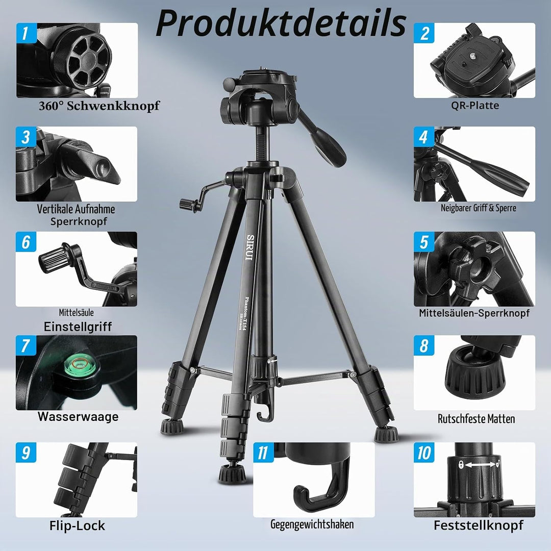 SIRUI Kamera Stativ 154cm, Aluminium Camera Tripod mit Telefonklemme Dreibein-Stative Fotostativ für
