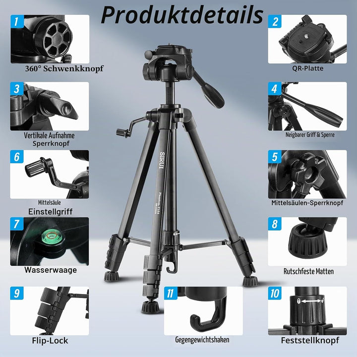 SIRUI Kamera Stativ 154cm, Aluminium Camera Tripod mit Telefonklemme Dreibein-Stative Fotostativ für
