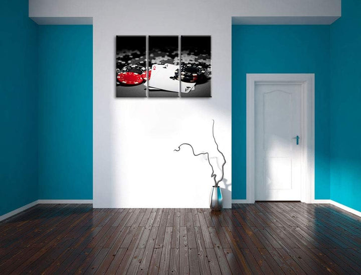 Spielkarten auf Pokertisch schwarz/weiss 3-Teiler Leinwandbild 120x80 Bild auf Leinwand, XXL riesige