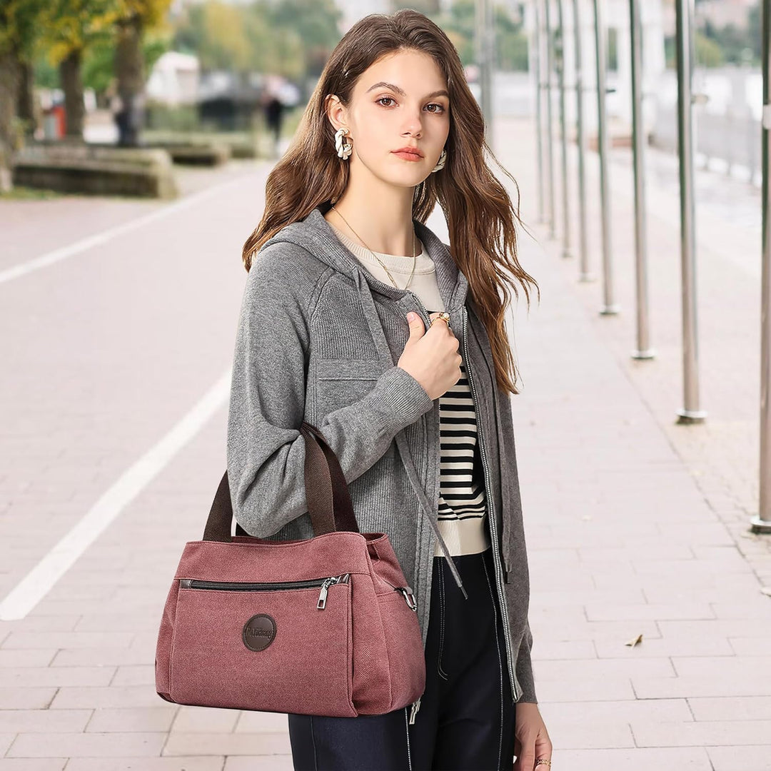 DIRRONA Canvas Tasche Damen – Vintage Handtasche Damen, Grosse Umhängetasche mit Mehreren Fächern, V