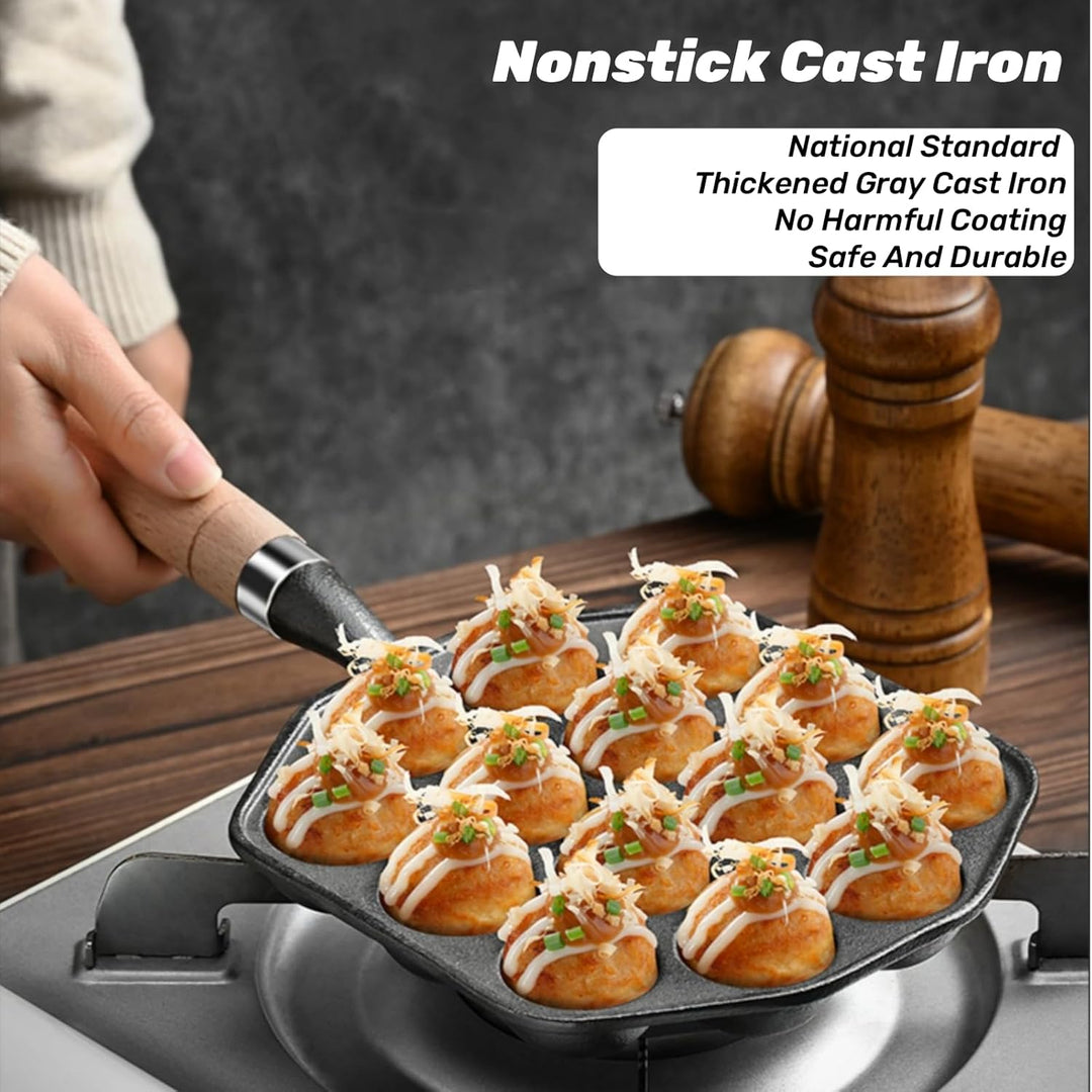 Topyond Takoyaki Pfanne,14 Löcher 3.8cm Loch Antihaft Pan Gusseisen mit Abnehmbarem Griff,Takoyaki M