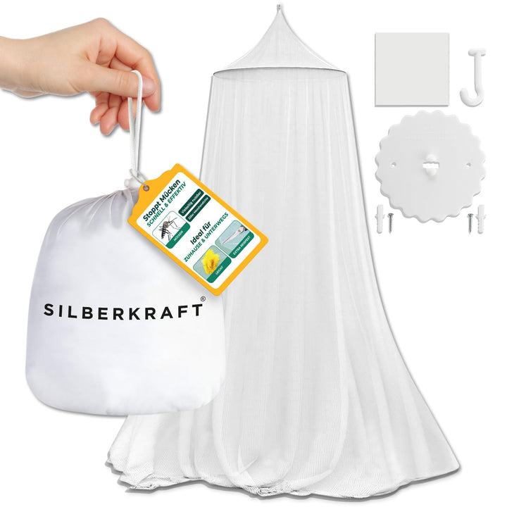 Silberkraft Premium Moskitonetz inklusive Klebehaken, XXL für Doppelbett, Betthimmel mit Reissversch