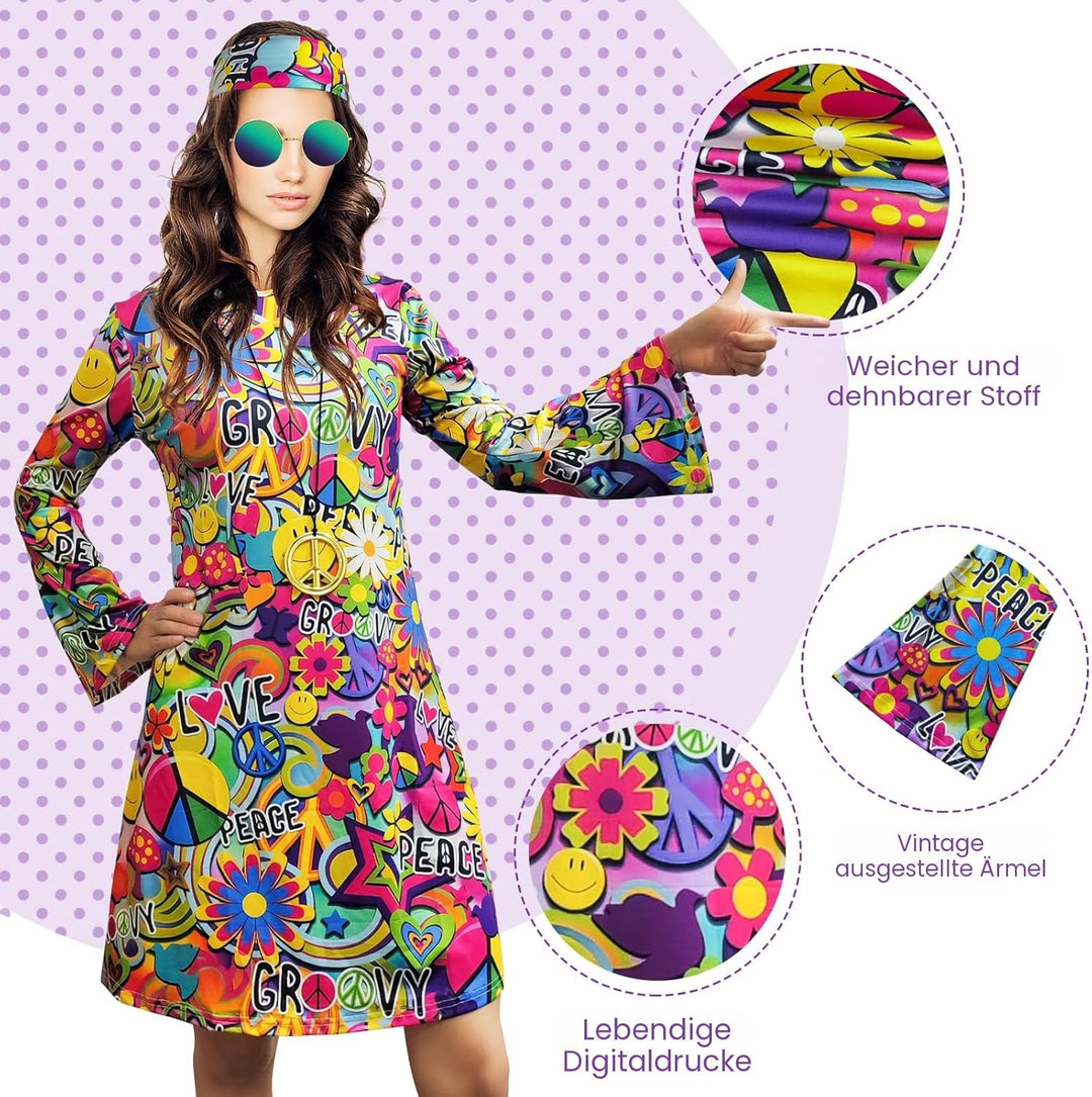 MRYUWB Damen-Hippie-Kleid, 1970er-Kostüm, mit Halskette, Ohrringen, Sonnenbrille, Disco-Outfit, 1960
