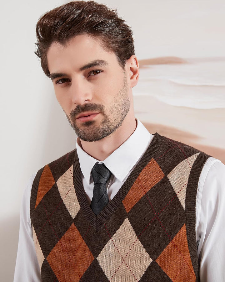 Kallspin Herren Argyle Gestrickt Ärmellos Pullover Wollmischung V-Ausschnitt Strickwesten XXL Braun,