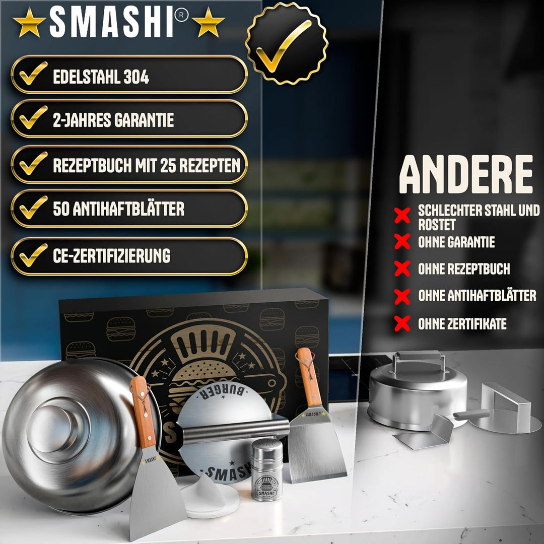 SMASHI® Smash Burger Set mit Holzgriffen – Grillzubehör aus Edelstahl 304 Burgerpresse, Spachteln &