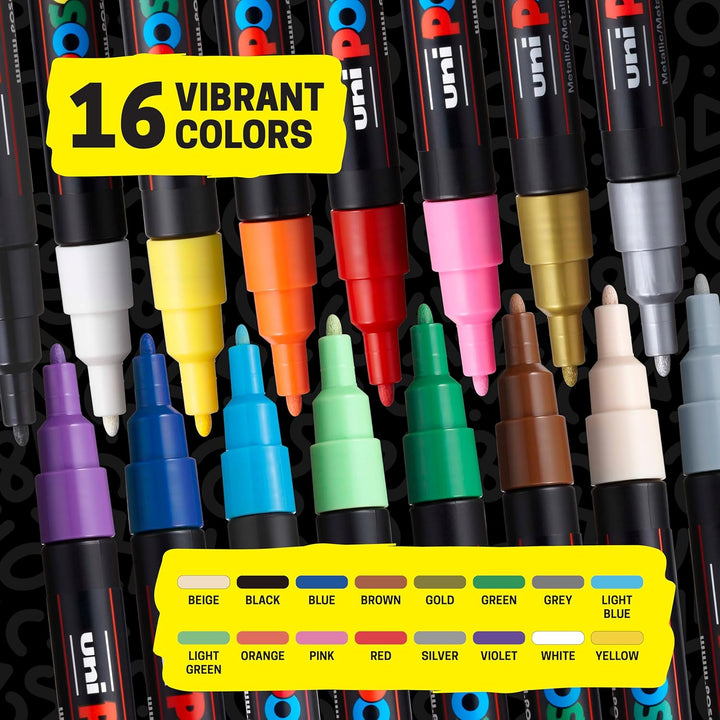 uni-ball 186516 - POSCA Marker mit feiner Rundspitze, 16er Set, Grundfarben